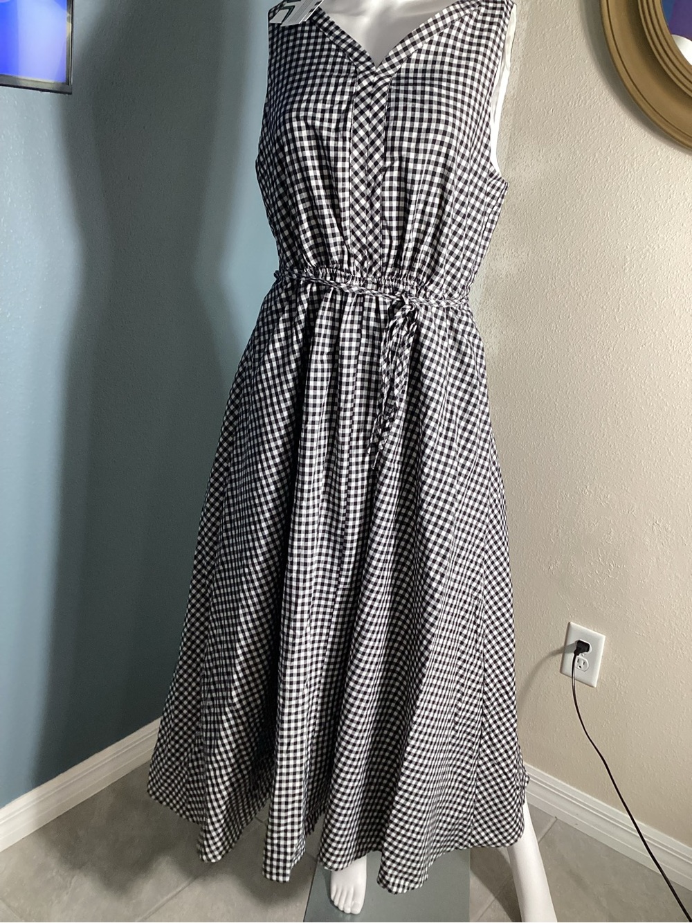 Market & Spruce Leah Poplin Gingham Midi Dress Black White Size L with pockets
